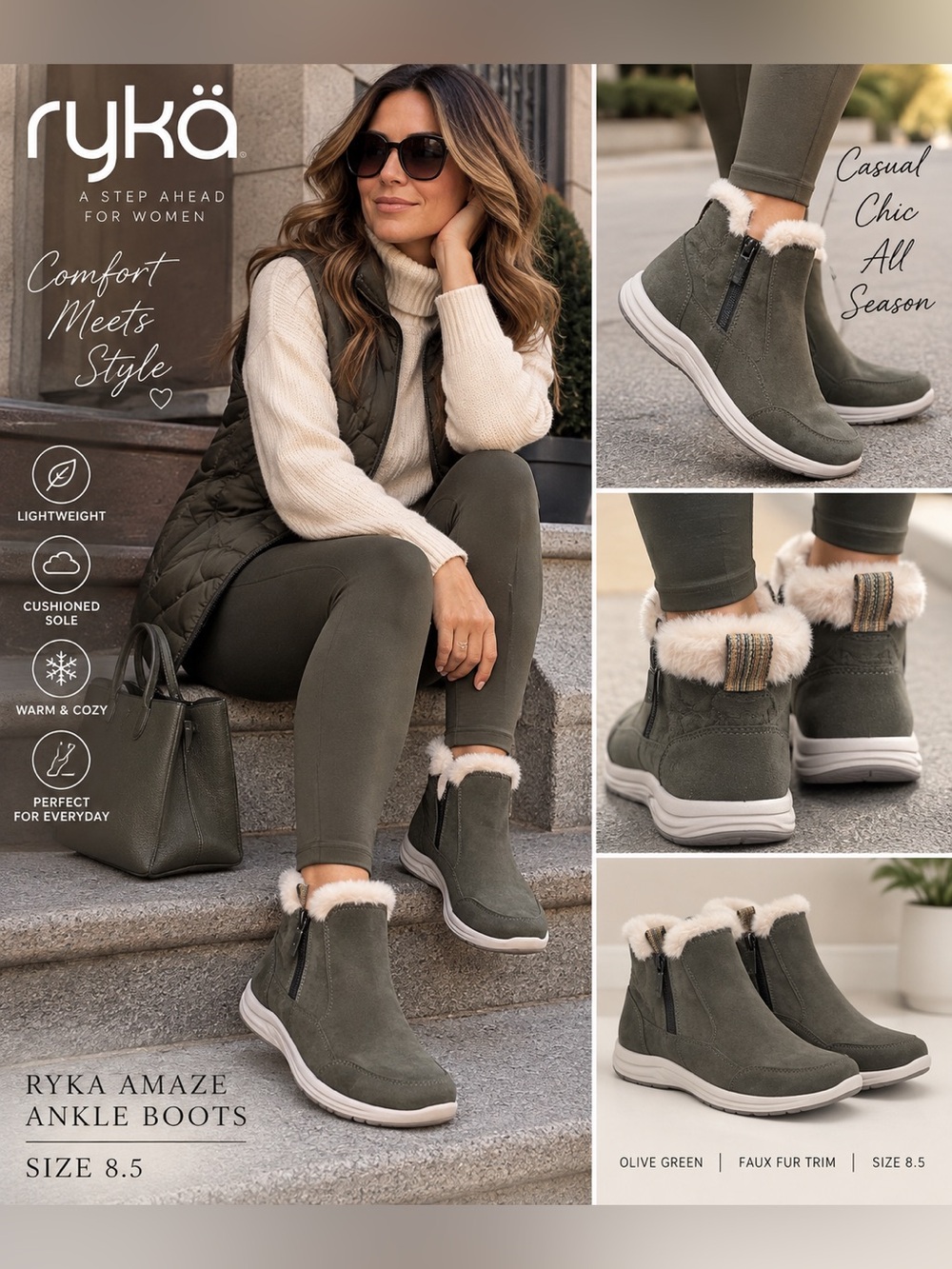 Ryka Olive Green Faux Fur‑Trim Ankle Booties